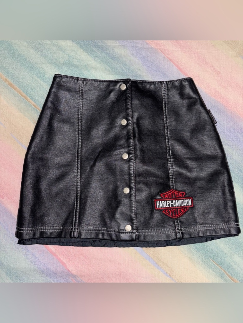 Harley-Davidson Vintage Black Faux Leather Snap Front Mini Skirt girls M 10-12